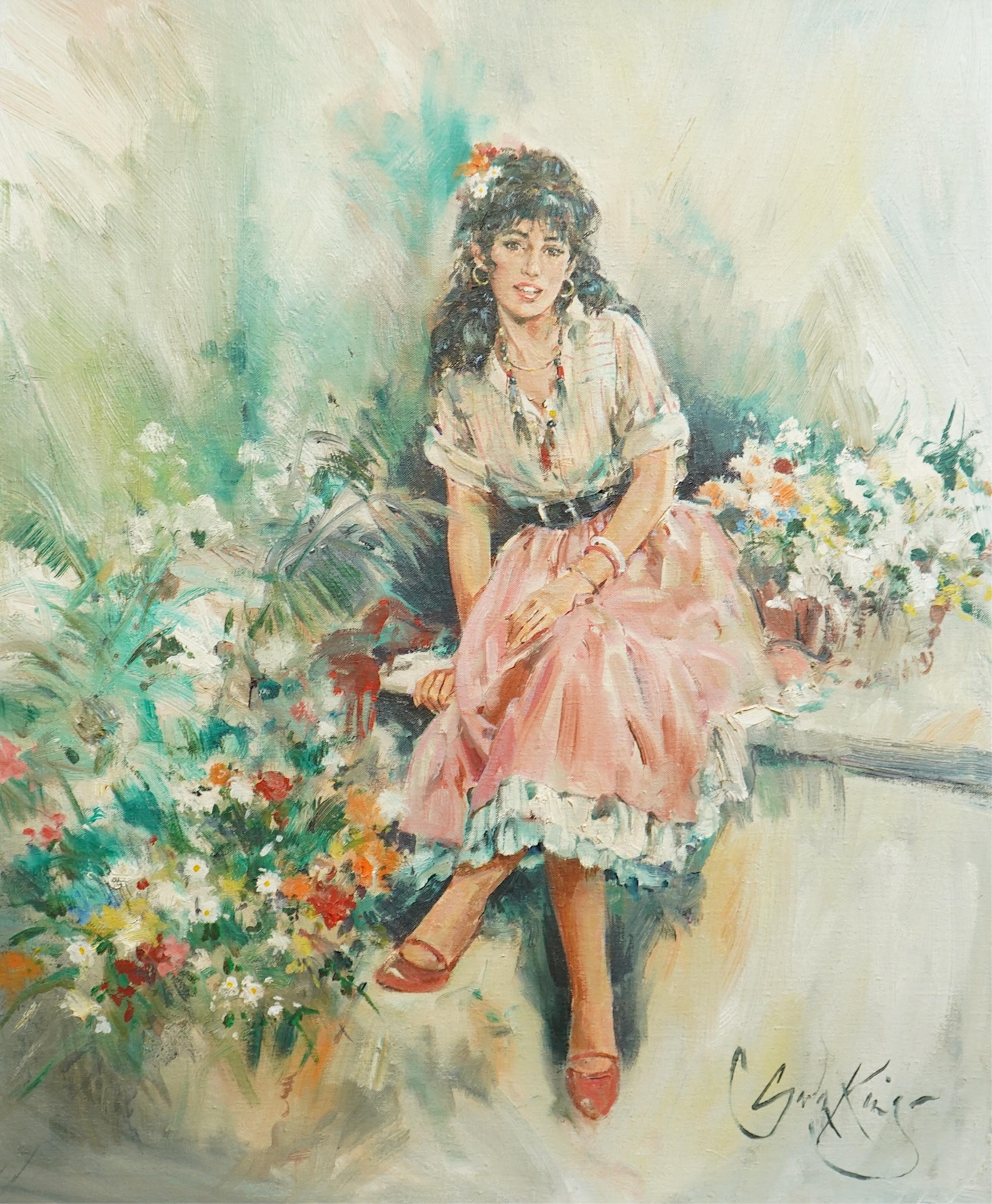 Gordon King (English, 1939-2022), Young woman seated in a pink skirt, oil on canvas, 59 x 49cm